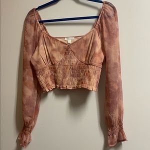 Floral Patterned Smock Long Sleeve Pink Crop Top Size Medium